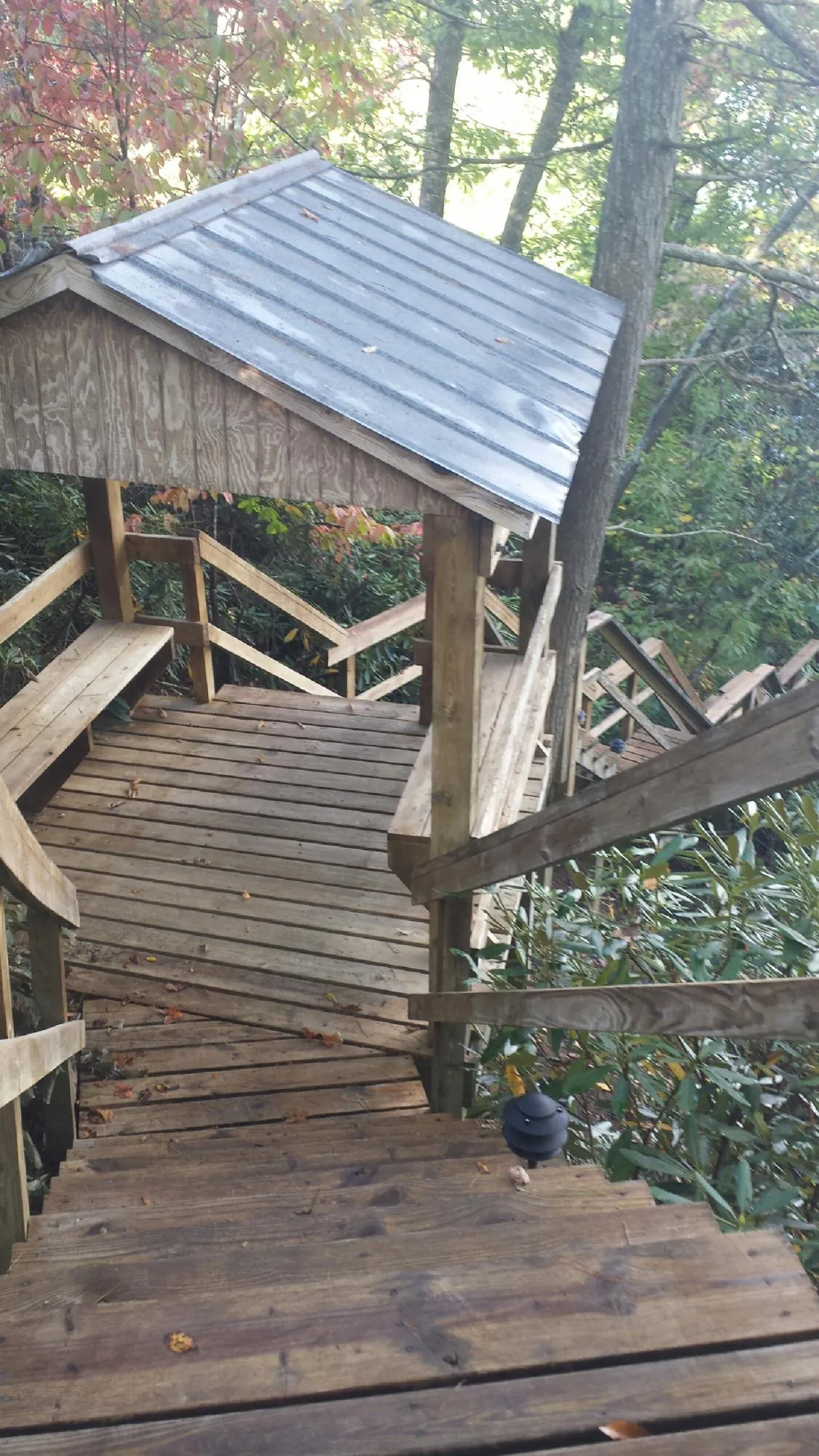Metal roofed shelter over wooden steps on a wooded walkway — Skylight Repair & Installation work by our crew in Friendsville
